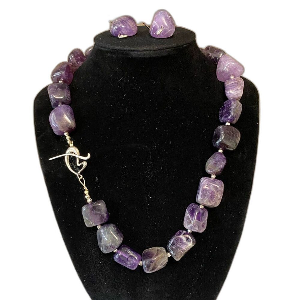 Artisan Genuine Chunky Amethyst Gemstone 925 Sterling Necklace & Earring Set